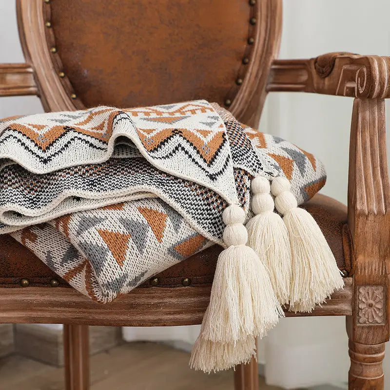 Knitted Geometric Pattern Throw Filt