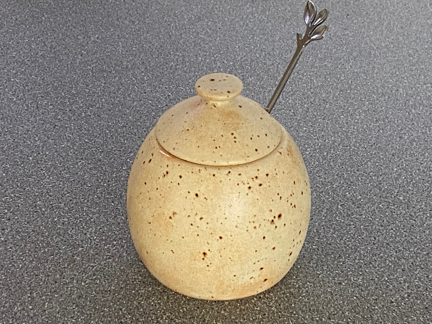 Sugar Bowl, Jam Pot, with Leafy Spoon Oatmeal Glaze