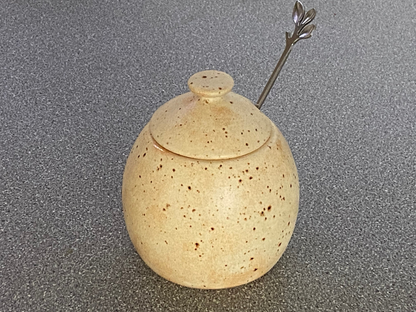 Sugar Bowl, Jam Pot, with Leafy Spoon Oatmeal Glaze