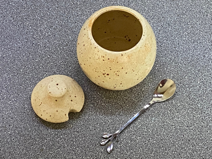 Sugar Bowl, Jam Pot, with Leafy Spoon Oatmeal Glaze