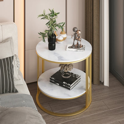 Runt Sido- och Soffbord i Marmor med 2 Hyllor – Modern Design med Gyllene Metalldetaljer